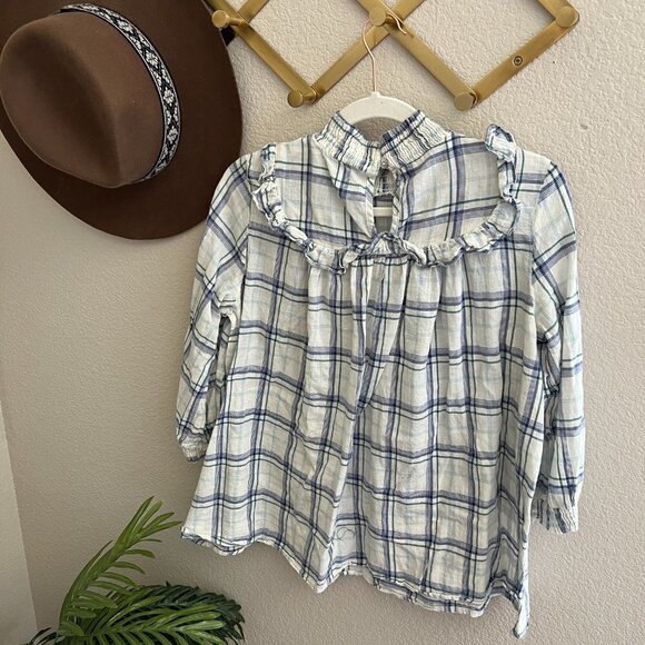Jodifl Blue White Plaid High Neck Ruffle Cottagecore Academia Blouse Shirt Top - Picture 5 of 8